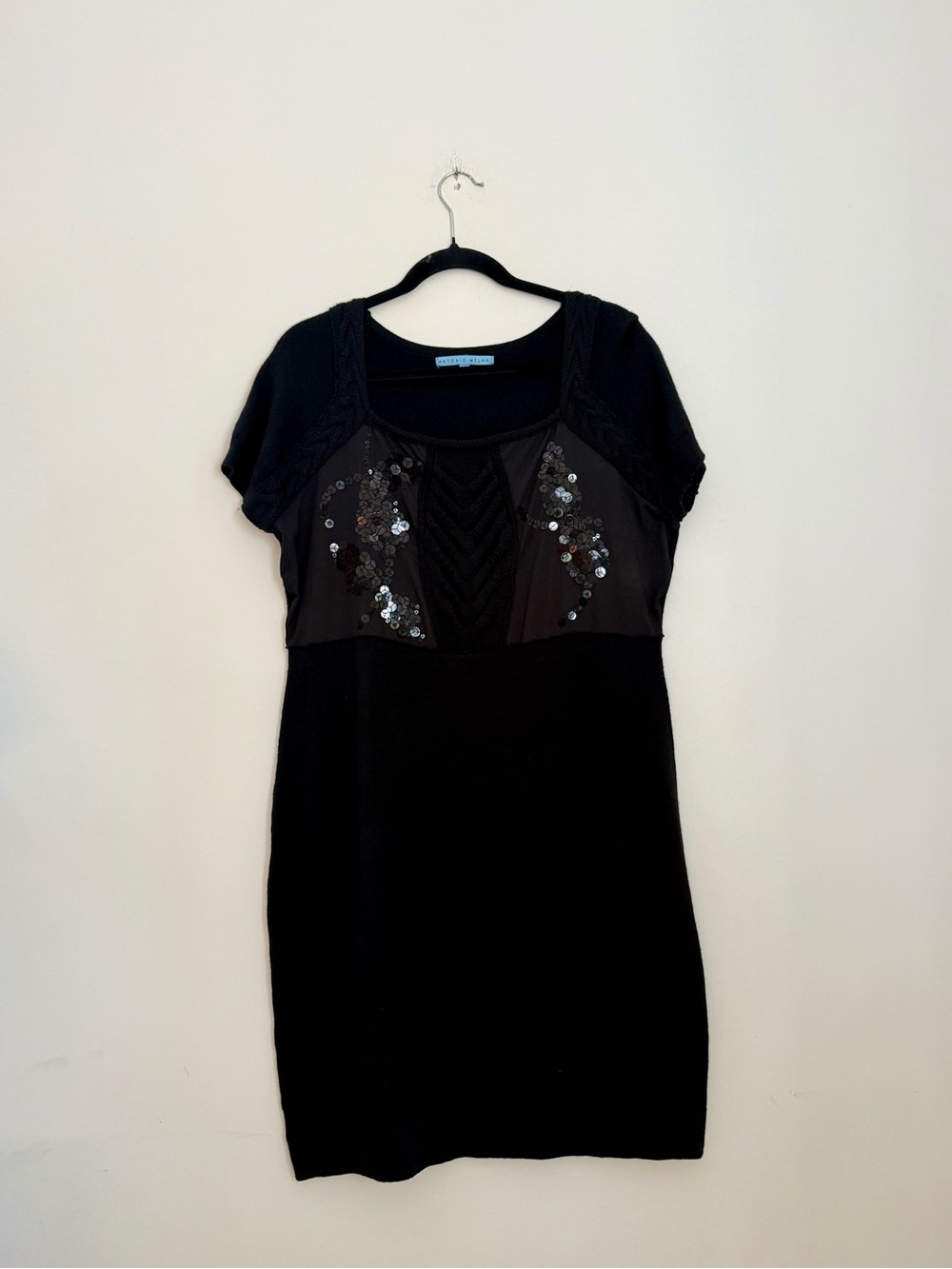 Antonio Melani Black Short Sleeve Sequin Knit Sheath Dress Size L